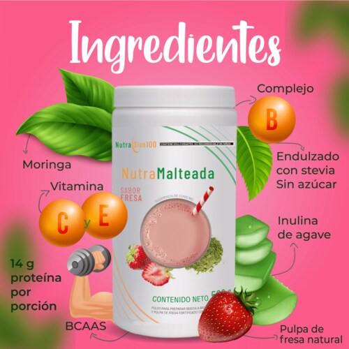 Polvo para preparar Malteada de proteína sabor Fresa. Sin grasa Sin azúcar 15 g proteína por porción. Fácil y rápida preparación. 500g 17 porciones.