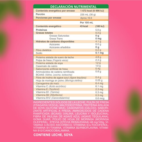 Polvo para preparar Malteada de proteína sabor Fresa. Sin grasa Sin azúcar 15 g proteína por porción. Fácil y rápida preparación. 500g 17 porciones.