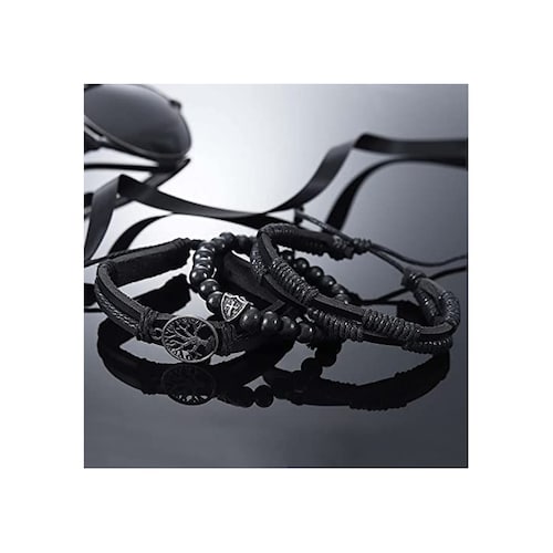 A 3PCS Pulsera Arbol de la Vida Brazalete, Pulsera de piedra de lava natural,  pulsera Hombre, Cuero Multicapa Pulseras de Etnicas Tribales, Regalo para Hombre