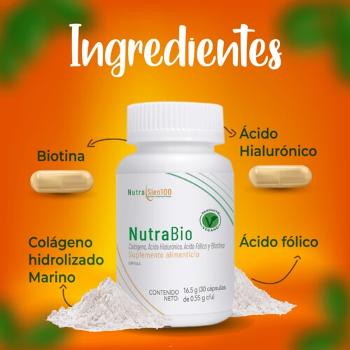 Nutrasien100 Nutrabio. Colágeno marino con Ácido Hialurónico, Biotina y Ácido fólico. Suplemento ideal para crecimiento de cabello y uñas. 30 Caps/30 días.