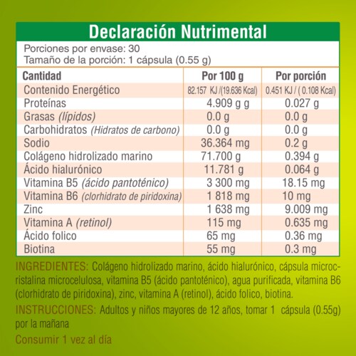 Nutrasien100 Nutrabio. Colágeno marino con Ácido Hialurónico, Biotina y Ácido fólico. Suplemento ideal para crecimiento de cabello y uñas. 30 Caps/30 días.