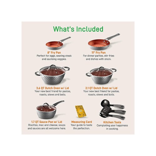 nutrichef Batería  Excilon, utensilios de cocina para el hogar, juego de ollas con cacerolas, sartenes, ollas, tapas, sin PTFE/PFOA/PFOS, 11 piezas,