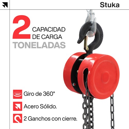 Polipasto Manual Stuka 2 Toneladas Cadena Forjada De 6 Metros con 2 Ganchos de Grado Industrial