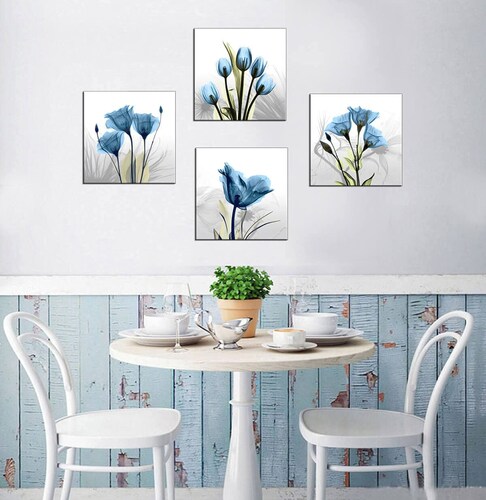 Set 4 Cuadros Decorativos Flores Azules Canvas Arte Para Sala 30x30cm