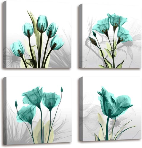Set 4 Cuadros Decorativos Flores Verdes Canvas Arte Para Sala 30x30cm