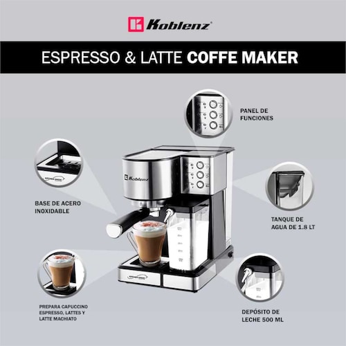 Cafetera Automática Espresso & Latte Koblenz Ckm-1350 In con 15 Bares de  Presión y Depósito de Leche 1350W de Potencia Color Acero Inoxidable