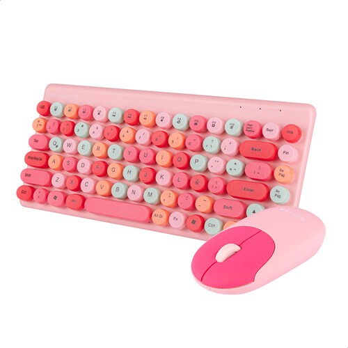 Teclado Y Mouse Inalámbrico Diseño Retro Teclas Removibles Rosa