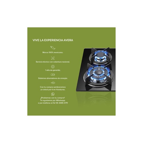Parrilla de Gas Avera 4 Quemadores Vidrio Templado VT4.