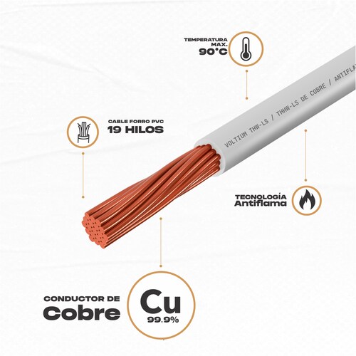 Cable Calibre 8 De Cobre Blanco Thw-ls / Thhw-ls 100 M Voltium