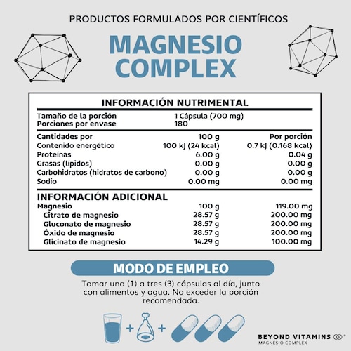 Suplemento Alimenticio Magnesio Complex - 700 mg Sin Rellenos - 180 cápsulas