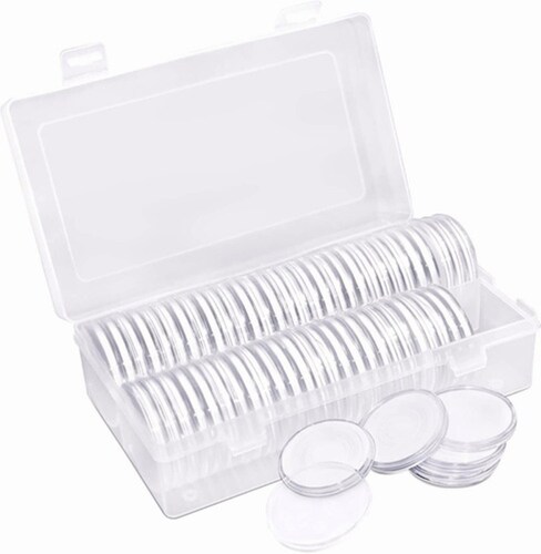 Caja Plástica 100 Capsulas Tamaño Ajustable Para Moneda 40mm TRANSPARENTE