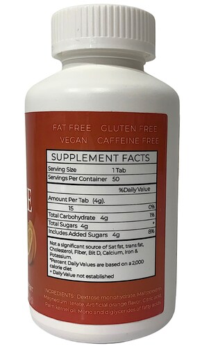 Glucosa De Acción Rápida Masticables Frasco Con 50 Tabletas Sin Gluten, Veganas, Sin Cafeína, Sin Grasa (Naranja)