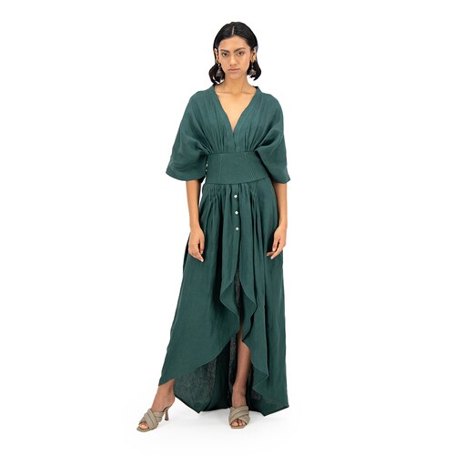 Vestido largo con corsette Merkabá x Dafne Canales verde botella lino