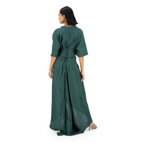 Vestido largo con corsette Merkabá x Dafne Canales verde botella lino