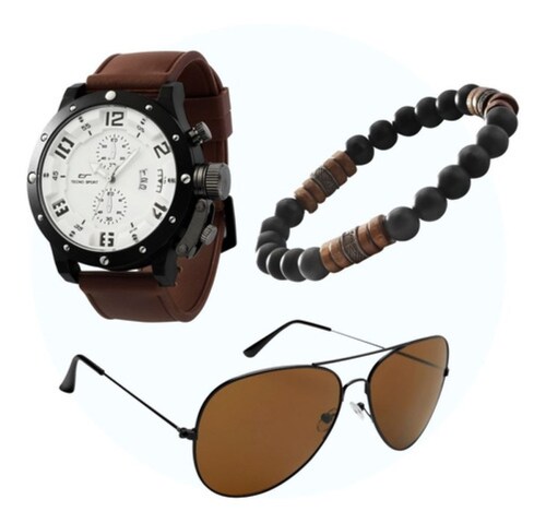 Reloj Set de 3 Accesorios para Caballero Cafe