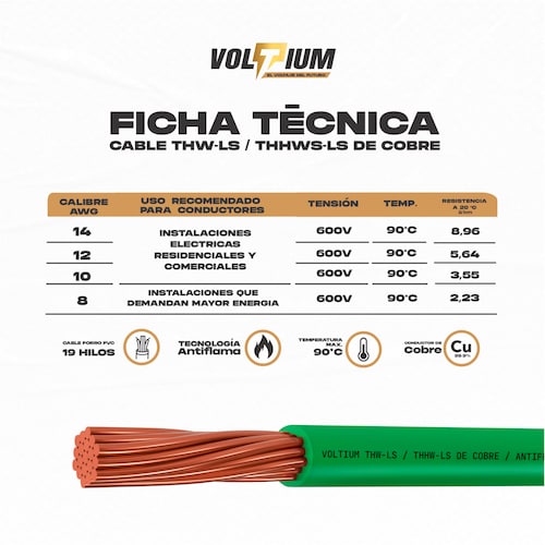 Cable Calibre 8 De Cobre Verde Thw-ls / Thhw-ls 100 M Voltium