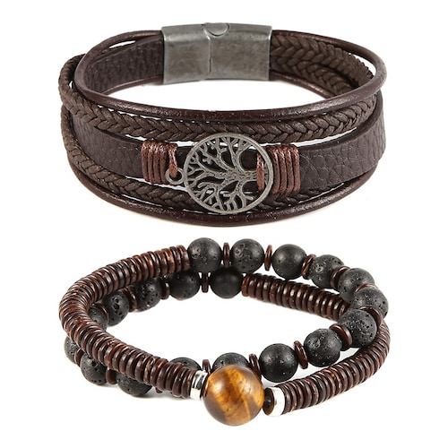 A 3PCS Pulsera Arbol de la Vida Brazalete, Pulsera de piedra de lava natural,  pulsera Hombre, Cuero Multicapa Pulseras de Etnicas Tribales, Regalo para Hombre