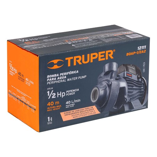 Bomba periférica 1/2 HP, Truper , Altura máxima: 40 m , Flujo máximo: 40 L/min 