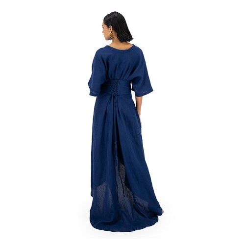 Vestido largo con corsette Merkabá x Dafne Canales azul marino lino
