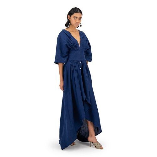 Vestido largo con corsette Merkabá x Dafne Canales azul marino lino