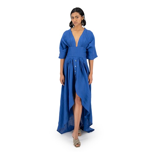 Vestido largo con corsette Merkabá x Dafne Canales azul rey lino