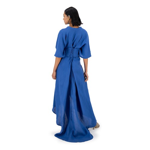 Vestido largo con corsette Merkabá x Dafne Canales azul rey lino