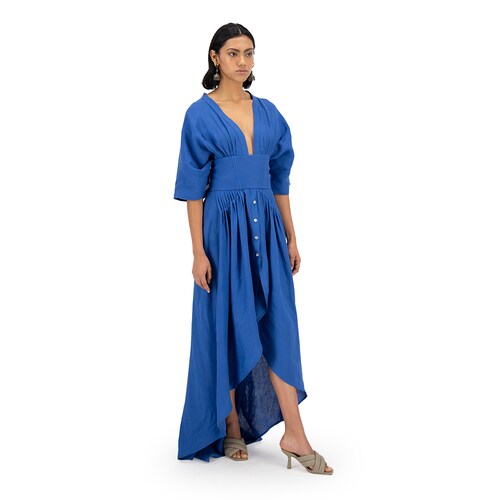 Vestido largo con corsette Merkabá x Dafne Canales azul rey lino