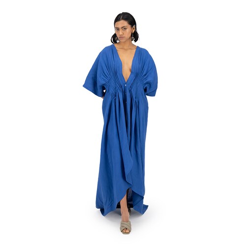 Vestido largo con corsette Merkabá x Dafne Canales azul rey lino