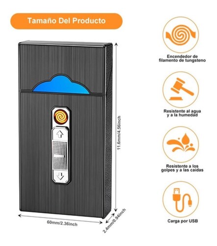 Cigarrera Con Encendedor Electrónico Usb Arco Plasma 2 Es 1 negro