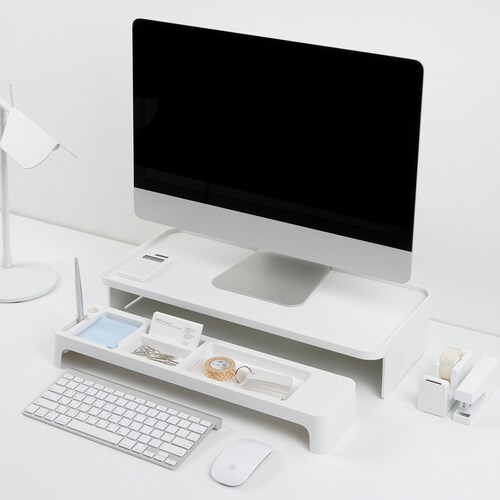 Set Organizador De Escritorio Stand Minimalista Para Monitor Blanco 