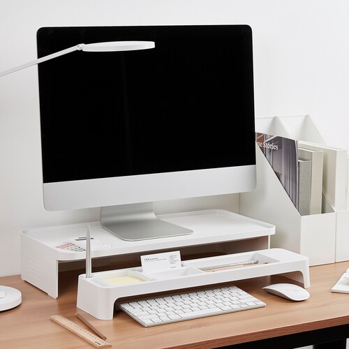 Set Organizador De Escritorio Stand Minimalista Para Monitor Blanco 