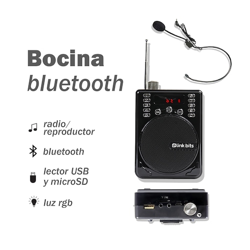 Bocina Portátil Bluetooth Color Negro con Micrófono de Diadema Link Bits SPE-593N