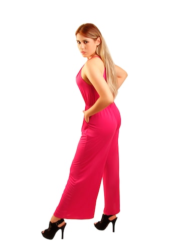 Jumpsuit palazzo ILYS lycra stretch negro y fucsia acampanado