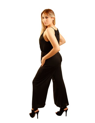 Jumpsuit palazzo ILYS lycra stretch negro y fucsia acampanado