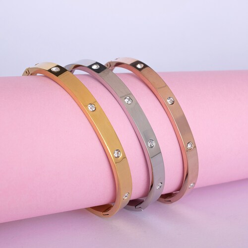 Conjunto de Pulseras Triple de Acero Con Cristal