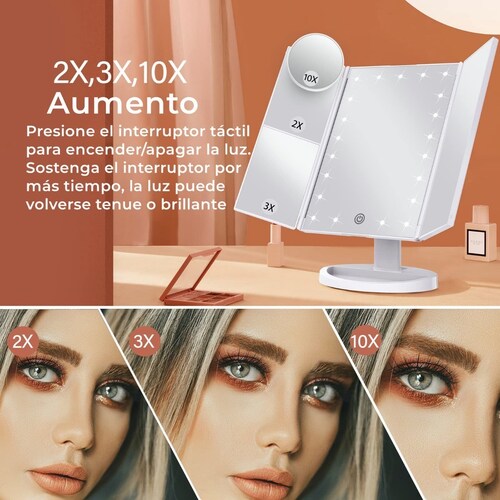 Espejo Maquillaje Plegable Con Tríptica Aumentos 10x/3x/2x