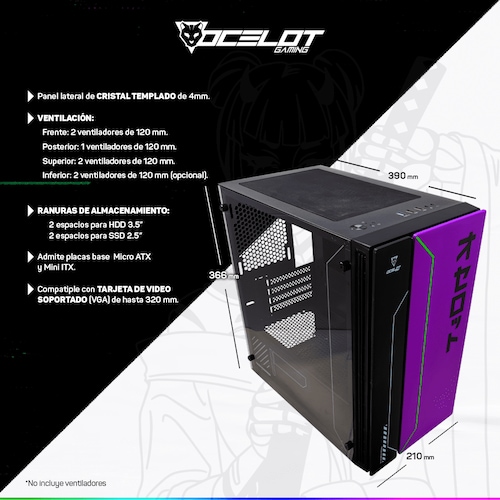 Gabinete Ocelot Gaming Purple Katana mATX, Cristal Templado, sin Fuente, Morado y Negro
