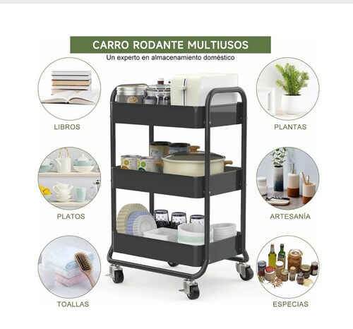 Carrito Organizador Multiusos 3 Niveles Ruedas 360 De Metal Negro Funbu 4629