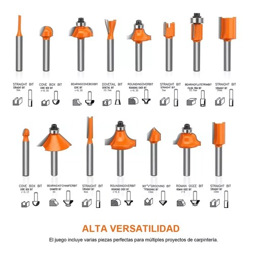 Juego Brocas Router Taladro  1/4 15 Pz Herramienta