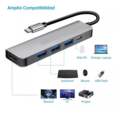 5 En 1 Usb Hub Adaptador Pd 3.0 Tipo C Hdmi 4k 5gbps