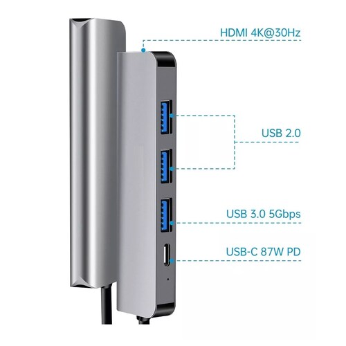 5 En 1 Usb Hub Adaptador Pd 3.0 Tipo C Hdmi 4k 5gbps