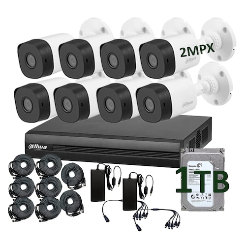 Kit dahua 8 camaras de seguridad dahua bullet 2mpx, 1Tb Disco duro, Dvr 8 canales, cable siames