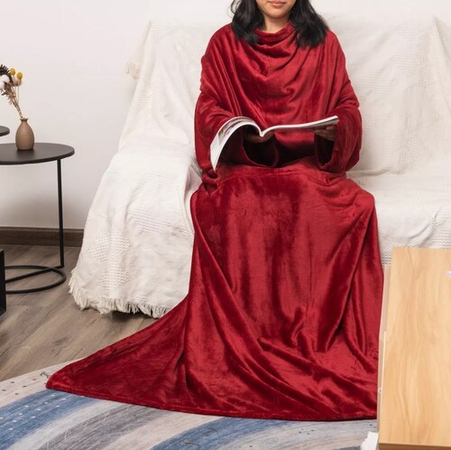 Manta Súper Suave De Franela Cobija Con Mangas Y Bolsillos FUNBU Roja