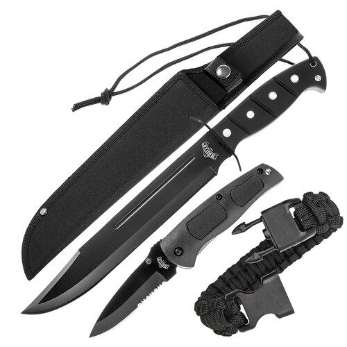 Kit de Cuchillo, Navaja y Pulsera de Supervivencia Negros Master USA