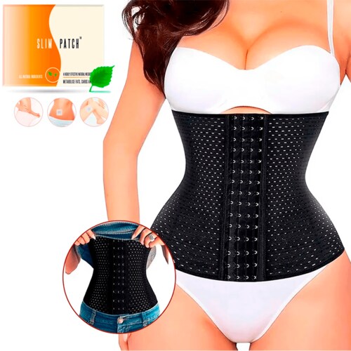 Faja Cinturilla Colombiana Corset Reductor Lenceria Femenina Color Negro Mas Parches Slim Patch Para Adelgazar.