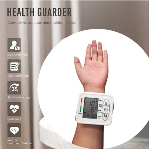 Medidor de Presión arterial MXPUA-001-29 1Pza Blanco LCD 2 Pilas AA 135 a 195mm Diámetro Muñeca PressuMatic