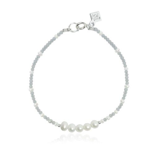 Pulsera de ágata azul natural, perla cultivada blanca y broche de plata .925, Joyería para Mujer de Anante Joyería