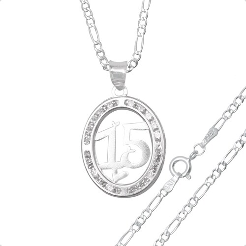 Cadena Con Dije 15 Años Figaro Plata Ley 925 Zirconia.