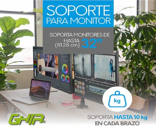 Soporte ghia 2 monitores montaje mesa escritorio doble brazo articulado 32 pulg 10kg por brazo