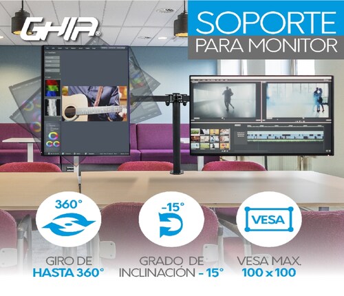 Soporte ghia 2 monitores montaje mesa escritorio doble brazo articulado 32 pulg 10kg por brazo